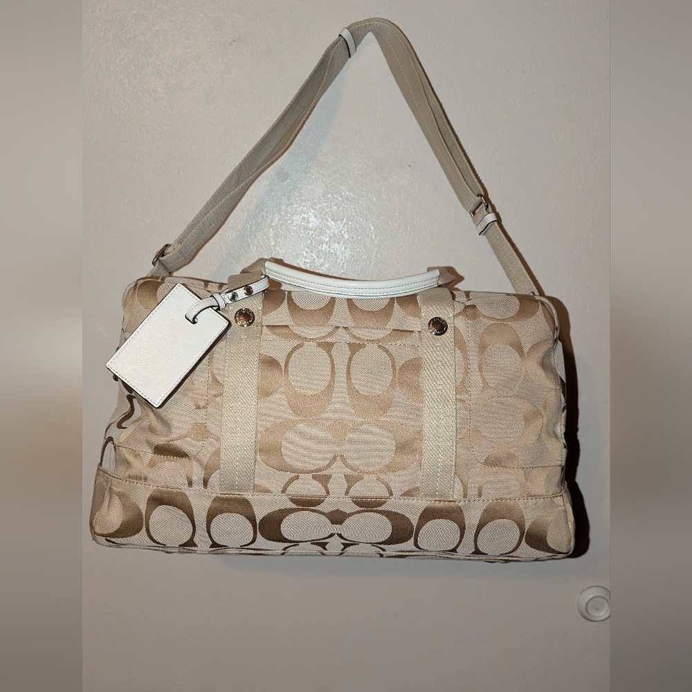 Coach Kyra Signature Travel Satchel/duffle Bag Khaki White Patent Silver VGUC